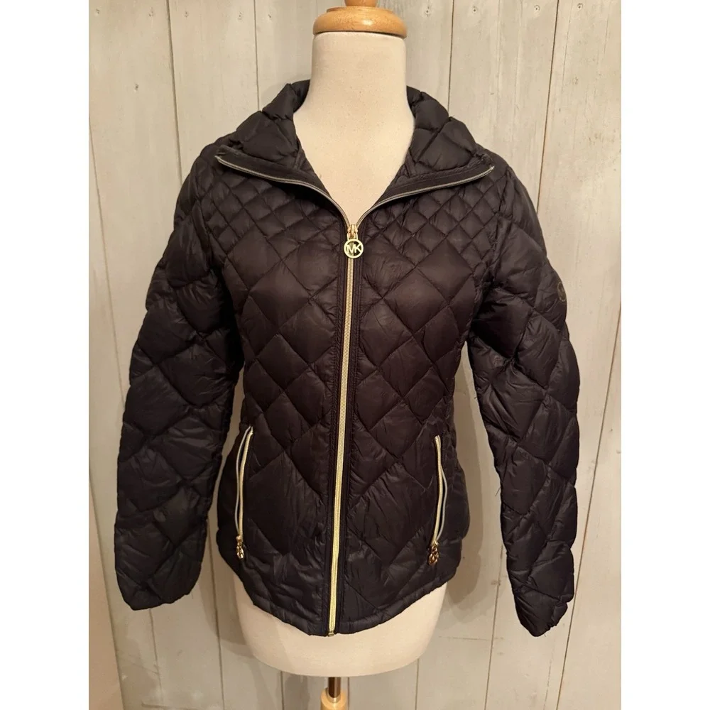 Michael Kors Down Fill Quilted Packable Black Full Gold Zip Puffer Coat Jacket S
